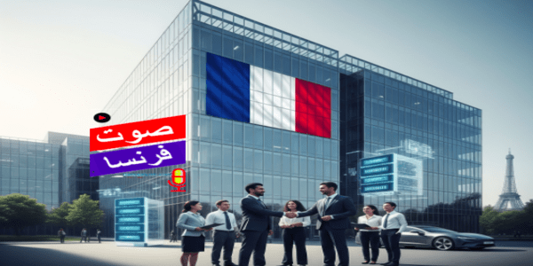 تأسيس الأعمال في فرنسا: مبنى أعمال حديث، مصافحة، وبرج إيفل في الخلفية.