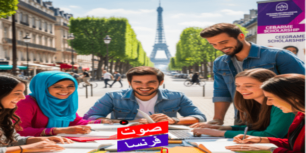 طلاب دوليون متنوعون يدرسون ويتعاونون في حرم جامعي فرنسي، مع معالم باريسية بارزة مثل برج إيفل في الخلفية، ترمز للتميز الأكاديمي وفرص المنح الدراسية في فرنسا.