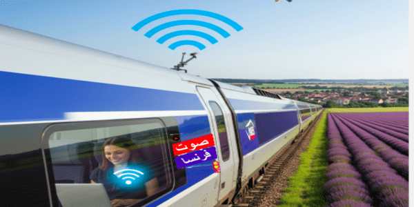 قطار TGV فرنسي حديث يمر بحقول الخزامى، يظهر عليه هوائي يرسل إشارة إنترنت فضائي إلى قمر صناعي في السماء، مع مسافرة تستخدم الكمبيوتر المحمول بالداخل.