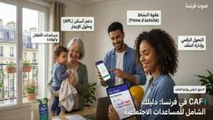 انفوجرافيك شامل يوضح برامج مساعدات CAF في فرنسا، بما في ذلك دعم السكن APL، مساعدات الأطفال، وعلاوة النشاط للموظفين.