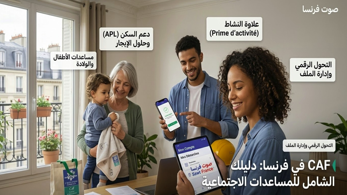 انفوجرافيك شامل يوضح برامج مساعدات CAF في فرنسا، بما في ذلك دعم السكن APL، مساعدات الأطفال، وعلاوة النشاط للموظفين.