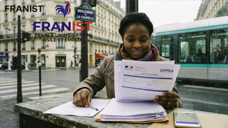 Une femme examinant des documents officiels de l'OFPRA pour une demande d'asile en France, Franist.