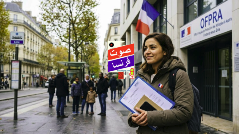 سيدة تحمل ملفاً أزرقاً لتقديم طلب اللجوء في فرنسا وتنظر إلى المستقبل بكل أمل.