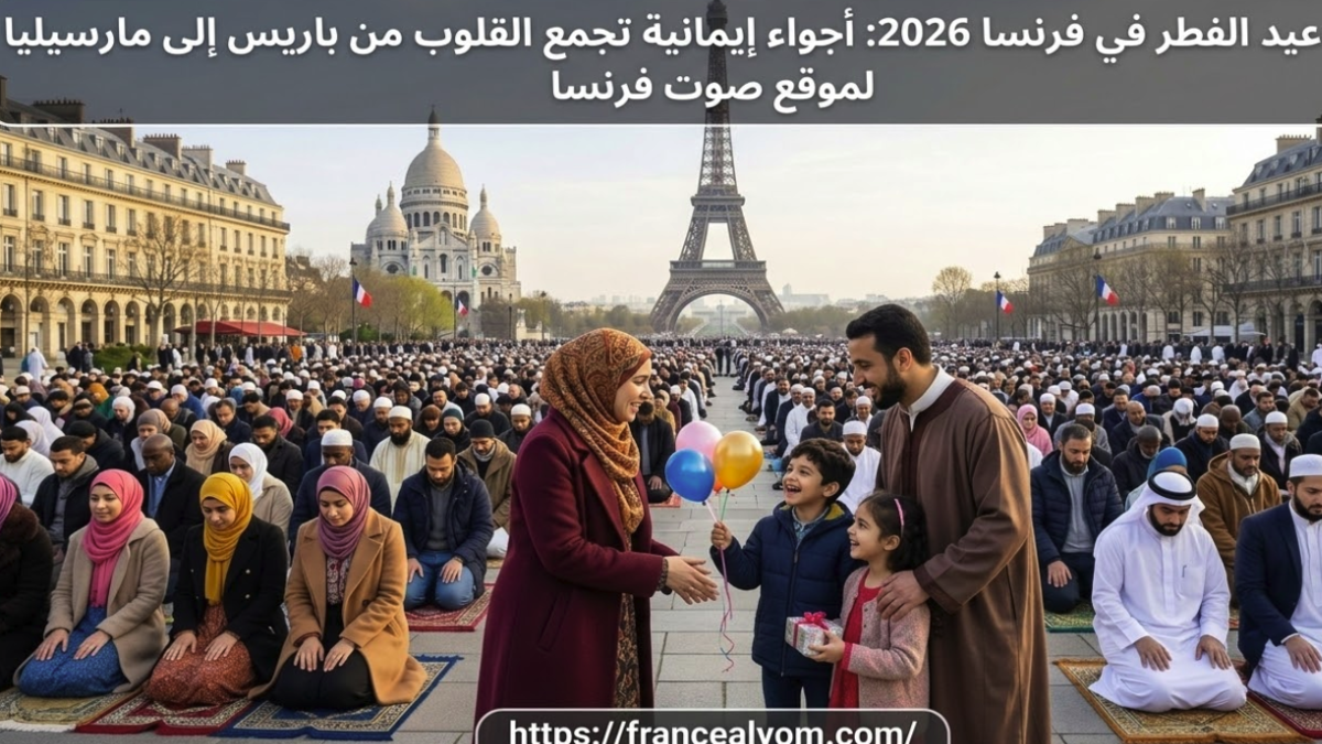 احتفالات عيد الفطر 2026 في فرنسا، مصلون في ساحة كبرى بباريس مع ظهور معالم فرنسية وشعار صوت فرنسا.