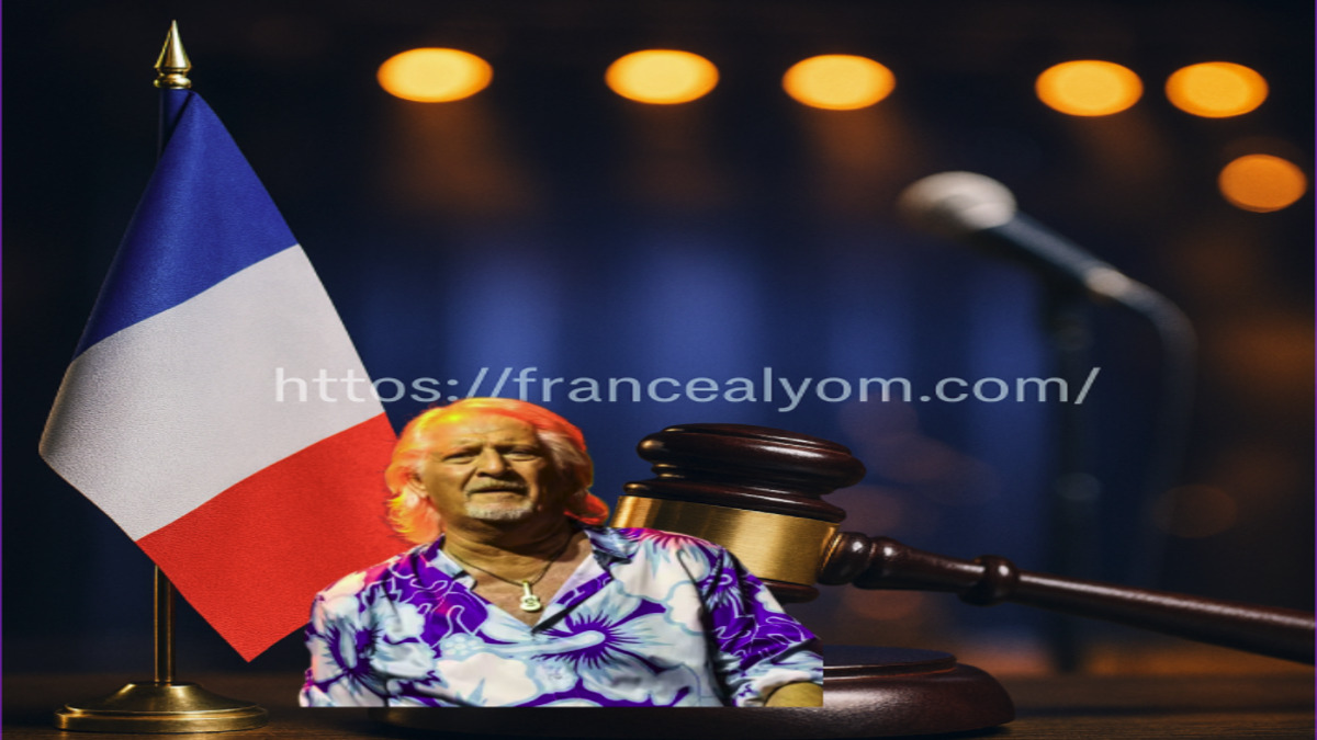 صورة تعبيرية للفنان باتريك سيباستيان مع مطرقة القضاء والعلم الفرنسي تشير إلى التحقيق القانوني معه.