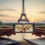 عائلة تحتضن صورة عائلية، في خلفية برج إيفل، ترمز لإجراءات لم الشمل في فرنسا.