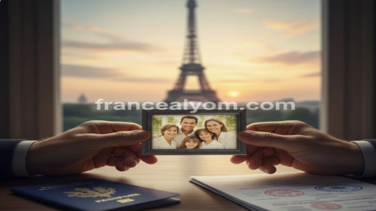 عائلة تحتضن صورة عائلية، في خلفية برج إيفل، ترمز لإجراءات لم الشمل في فرنسا.