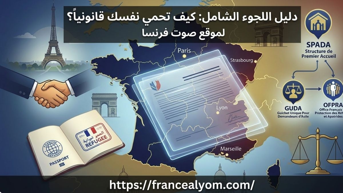 إنفوجرافيك يوضح مراحل طلب اللجوء في فرنسا من SPADA إلى OFPRA مع خريطة فرنسا وشعار صوت فرنسا.