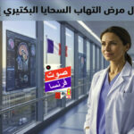 طبيبة في مستشفى فرنسي بباريس تنظر من النافذة على برج إيفل مع تصور علمي لبكتيريا التهاب السحايا وشاشات طبية رقمية