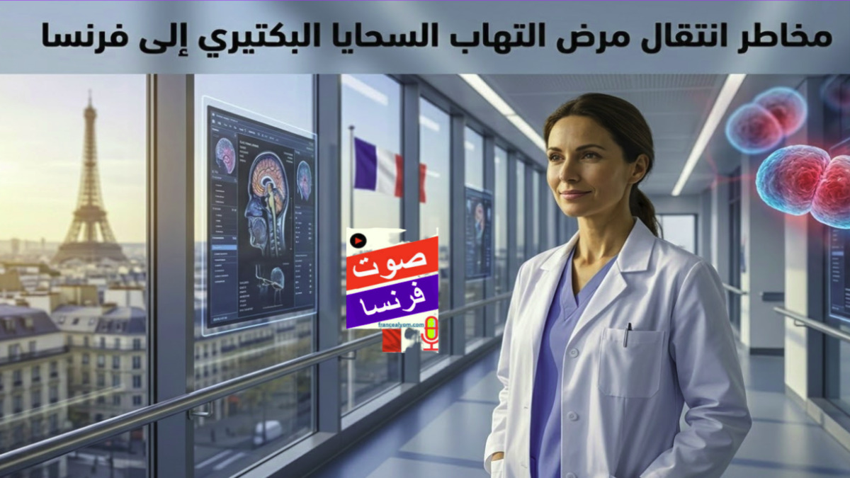 طبيبة في مستشفى فرنسي بباريس تنظر من النافذة على برج إيفل مع تصور علمي لبكتيريا التهاب السحايا وشاشات طبية رقمية