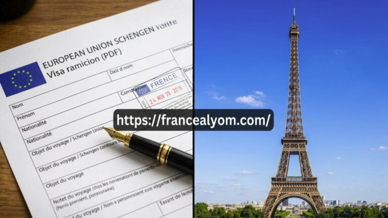 نموذج استمارة طلب تأشيرة شنغن لفرنسا بصيغة PDF بجانب صورة لبرج إيفل في باريس.