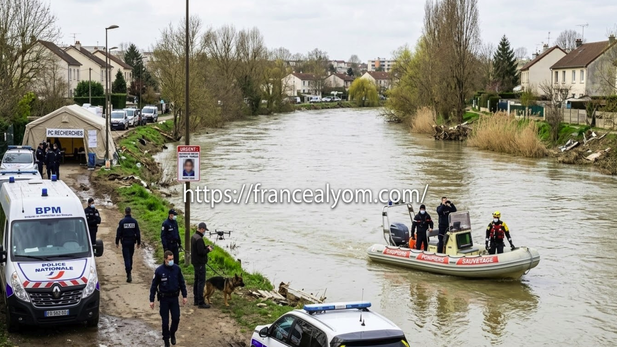 عمليات بحث مكثفة للشرطة الفرنسية وفرق الإنقاذ في نهر المارن عن الطفل مادوا المفقود.