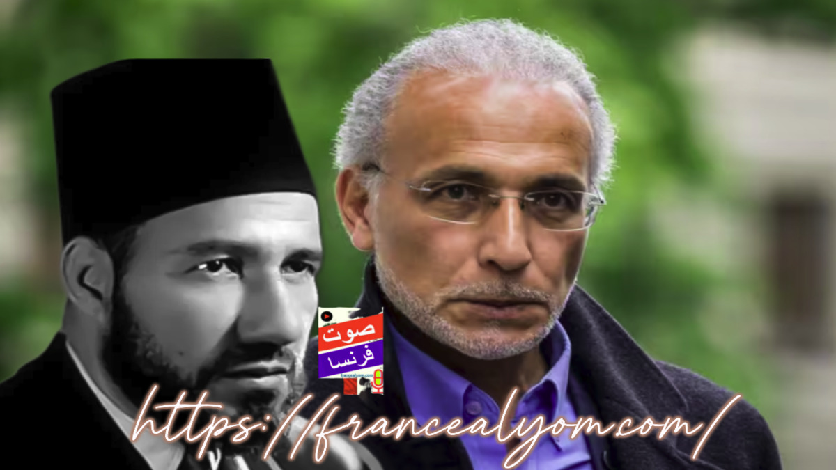 صورة مركبة تجمع بين طارق رمضان وجده حسن البنا مع شعار صوت فرنسا لمقال حول محاكمته في باريس.