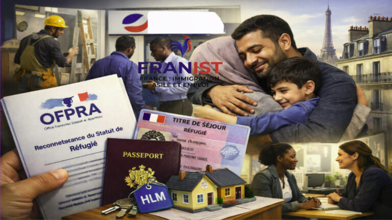 Illustration des étapes après l'obtention de l'asile en France : titre de séjour, logement HLM, travail et réunification familiale.