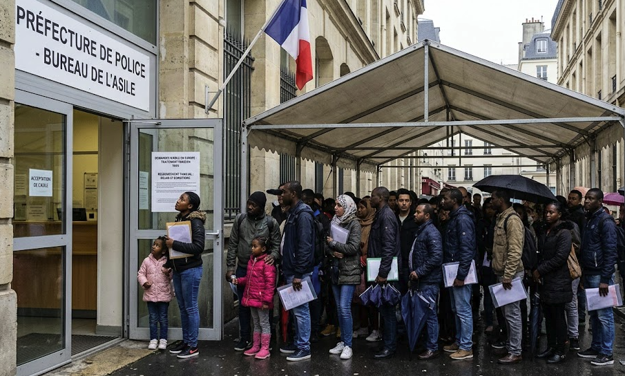 Une file d'attente de demandeurs d'asile devant la préfecture de police à Paris sous la pluie.