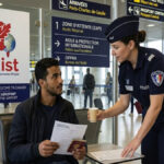 Un passager s'entretenant avec un agent de la Police aux Frontières pour demander l'asile en France à l'aéroport de Paris-Charles de Gaulle.