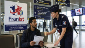 Un passager s'entretenant avec un agent de la Police aux Frontières pour demander l'asile en France à l'aéroport de Paris-Charles de Gaulle.