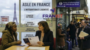 Une femme réfugiée en entretien avec une conseillère administrative à Paris, avec en arrière-plan la Tour Eiffel et une file d'attente devant un point d'accès au droit, illustrant les défis de l'intégration en France.