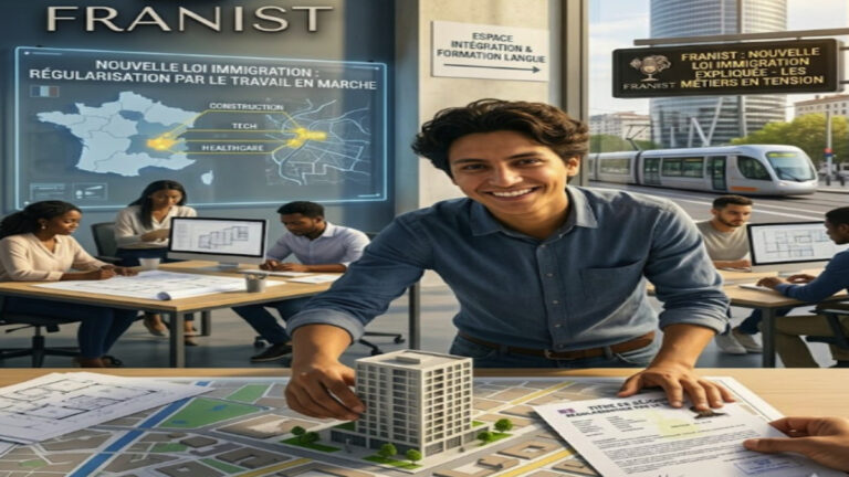 Un architecte franco-maghrébin souriant présente un permis de séjour à Lyon, avec des collègues multiethniques travaillant en arrière-plan, illustrant la régularisation par le travail sous la nouvelle loi immigration.