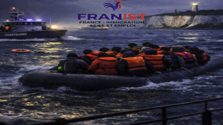 Un canot pneumatique surchargé de migrants traversant la Manche, avec un navire des garde-côtes en arrière-plan, illustrant l'immigration irrégulière via la Manche (Channel crossings).