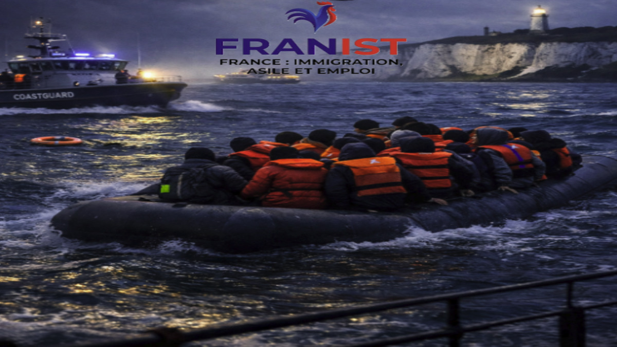 Un canot pneumatique surchargé de migrants traversant la Manche, avec un navire des garde-côtes en arrière-plan, illustrant l'immigration irrégulière via la Manche (Channel crossings).