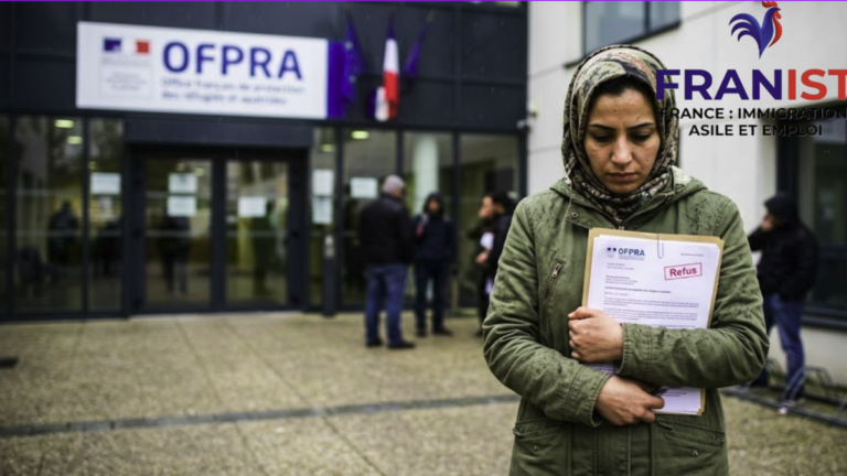 Une femme tenant un dossier de demande d'asile avec un tampon "Refus" devant les bureaux de l'Ofpra en France.