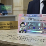 Official French 'Passeport Talent' residence permit visualization displaying economic utility metrics in a selective immigration office.
