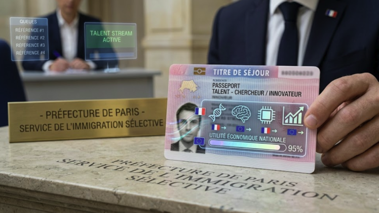 Official French 'Passeport Talent' residence permit visualization displaying economic utility metrics in a selective immigration office.