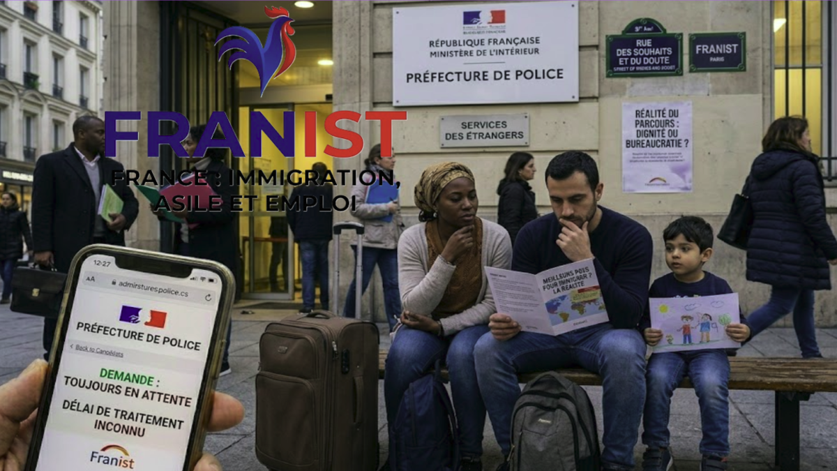 Une famille de migrants assise sur un banc à Paris devant la Préfecture de Police, regardant des documents officiels, avec un smartphone au premier plan affichant un statut de demande 'Toujours en Attente', symbolisant la réalité du parcours migratoire en France analysé par Franist.