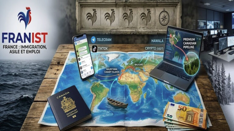 Une illustration photojournalistique conceptuelle décrivant l'infrastructure numérique du modern smuggling network, avec des flux de données et des routes géographiques, portant un filigrane Franist transparent.