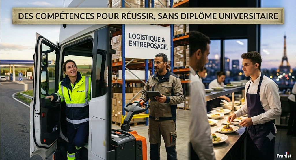 10 métiers qui recrutent en France sans diplôme universitaire comprenant le transport routier, la logistique et la restauration.