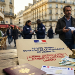 Official French URSSAF compliance inspection folder with an administrative fine warning stamp next to Euro banknotes and an authorization document, illustrating the fines for illegal work in France