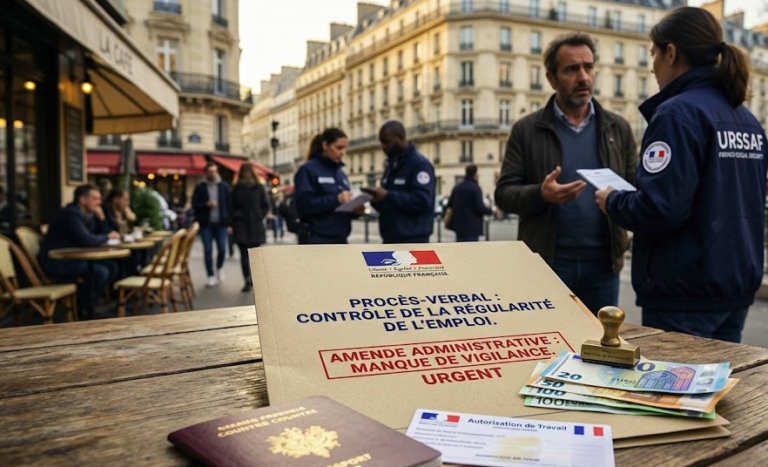 Official French URSSAF compliance inspection folder with an administrative fine warning stamp next to Euro banknotes and an authorization document, illustrating the fines for illegal work in France