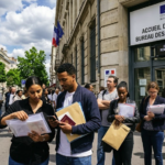 Des demandeurs d'asile et de titres de séjour font la queue devant le bureau des étrangers en France avec leurs dossiers.