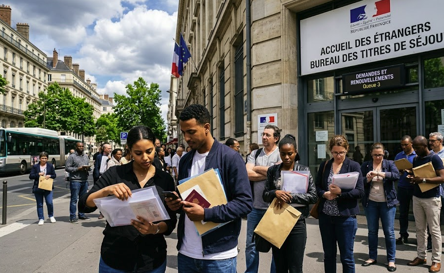 Des demandeurs d'asile et de titres de séjour font la queue devant le bureau des étrangers en France avec leurs dossiers.