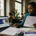 النص البديل (Alt Text) : Une candidate analysant un contrat de travail français sur un ordinateur portable dans un espace de coworking à Paris.