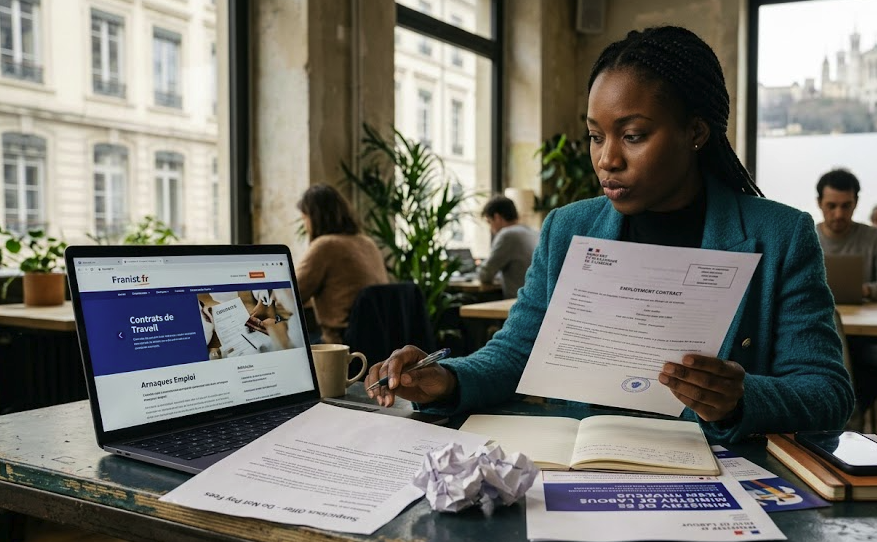 النص البديل (Alt Text) : Une candidate analysant un contrat de travail français sur un ordinateur portable dans un espace de coworking à Paris.