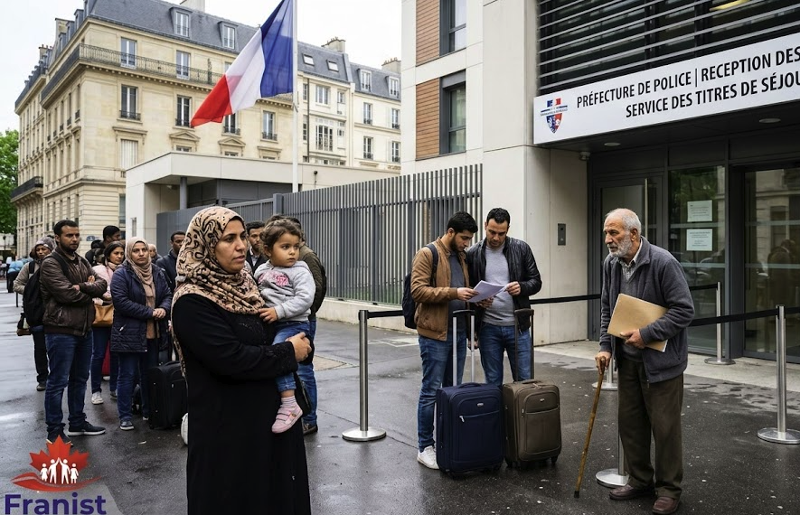 An editorial photo documenting the recent France immigration system changes outside a prefecture building in Paris.