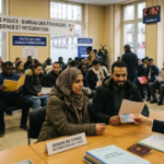 An administrative official at a French prefecture hands a residence permit card to a couple, illustrating the regularization of immigrants in France.