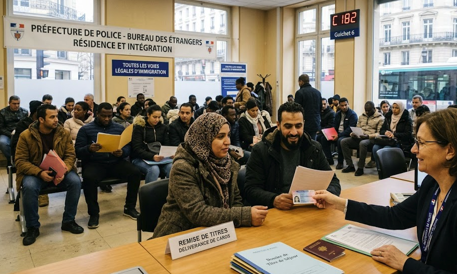 An administrative official at a French prefecture hands a residence permit card to a couple, illustrating the regularization of immigrants in France.