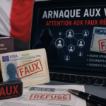 Illustration représentant des réseaux de faux visas en France avec un faux document de visa, un passeport français et un ordinateur affichant une alerte contre les arnaques migratoires.