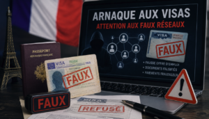 Illustration représentant des réseaux de faux visas en France avec un faux document de visa, un passeport français et un ordinateur affichant une alerte contre les arnaques migratoires.