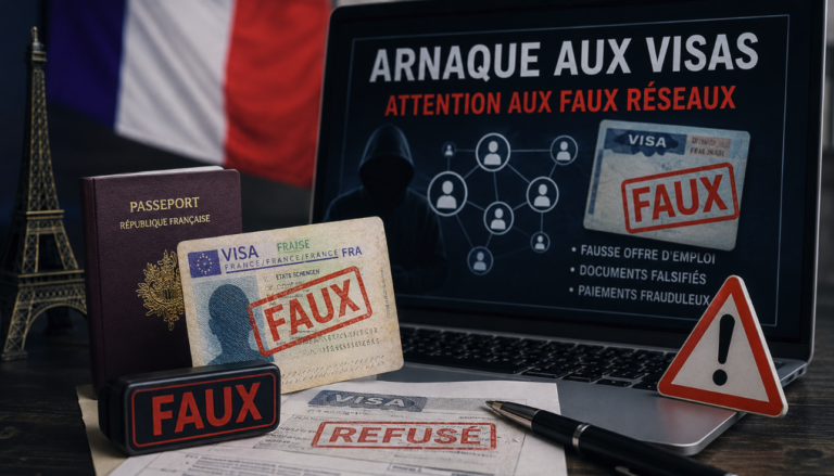 Illustration représentant des réseaux de faux visas en France avec un faux document de visa, un passeport français et un ordinateur affichant une alerte contre les arnaques migratoires.
