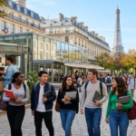 Étudiants internationaux étudiant et travaillant en France sur un campus universitaire à Paris.