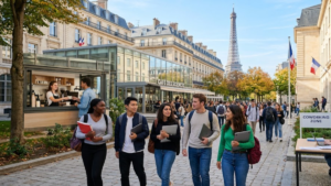 Étudiants internationaux étudiant et travaillant en France sur un campus universitaire à Paris.