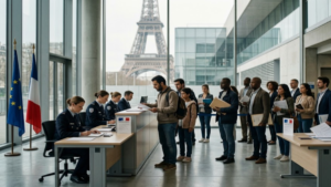 Actualités immigration France 2026 à Paris avec des voyageurs et des services administratifs français