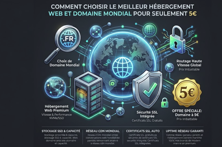 Infographie expliquant comment choisir le meilleur hébergement web et domaine mondial pour 5 euros.