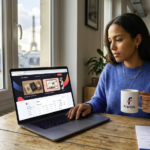 Une professionnelle freelance à Paris travaillant sur son portfolio Contra depuis son ordinateur portable près d'une fenêtre avec vue sur la Tour Eiffel, tenant une tasse Franist.