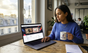 Une professionnelle freelance à Paris travaillant sur son portfolio Contra depuis son ordinateur portable près d'une fenêtre avec vue sur la Tour Eiffel, tenant une tasse Franist.