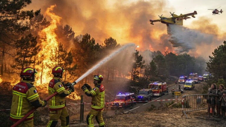 Des pompiers français combattent un important incendie de forêt près du Cap Ferret, en Gironde.